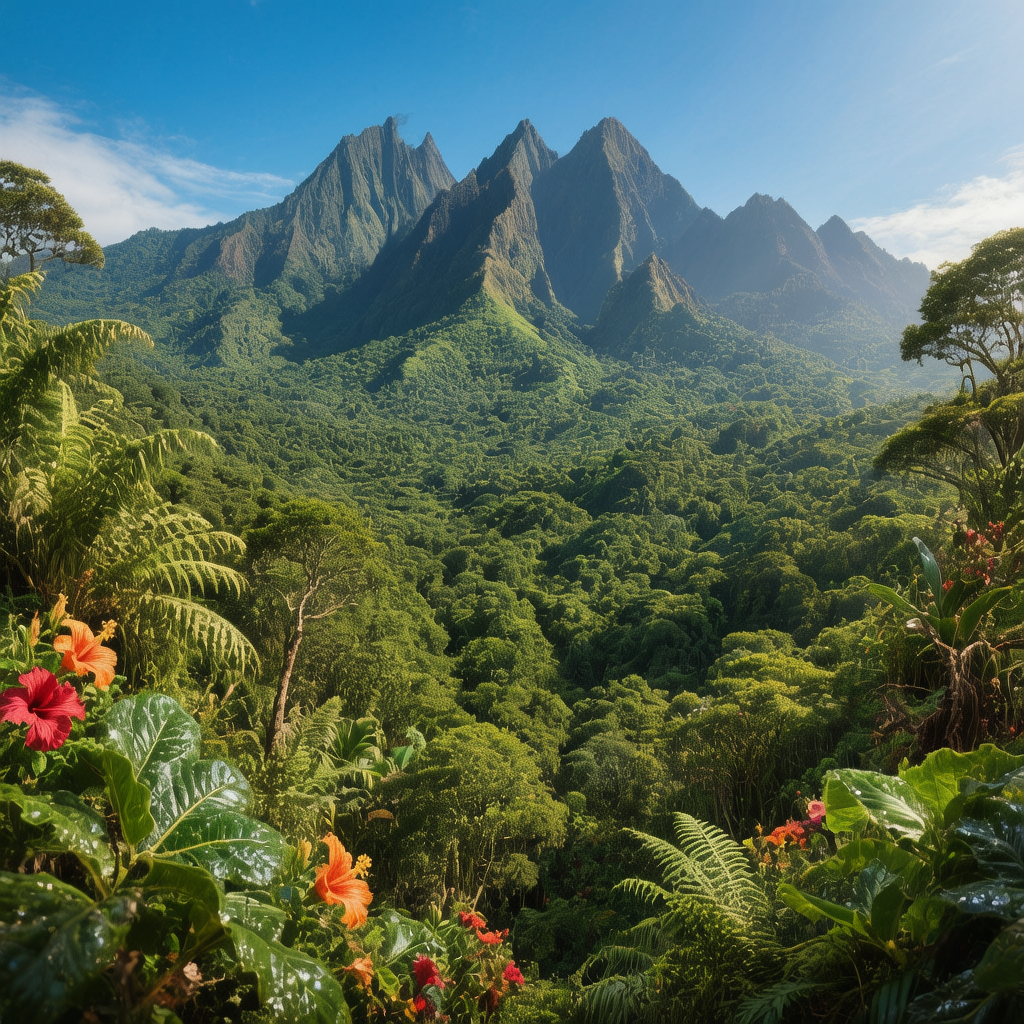 Paysage tropical ensoleillé de La Réunion avec montagnes et végétation luxuriante